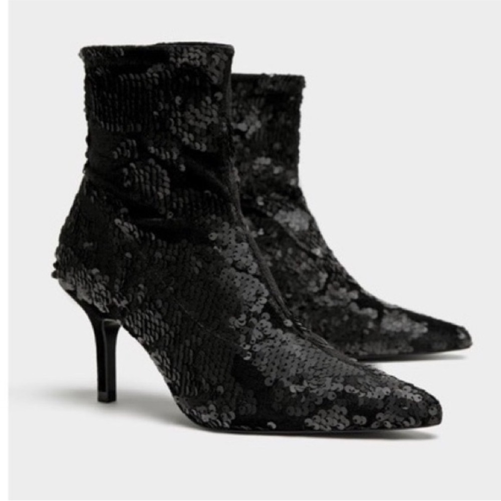 ZARA Sequin Velvet Sock Ankle Booties - Picture 2 of 7